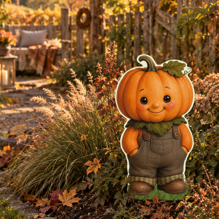 Gartenfigur aus Aluverbund mit Kürbismotiv im herbstlichen Garten