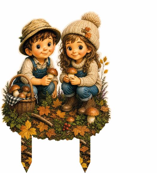 Gartenfigur aus Aluverbund mit Junge und Mädchen beim Pilzesammeln