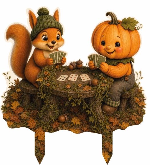 Gartenfigur aus Aluverbund mit Eichhörnchen und Kürbis beim Karten spielen