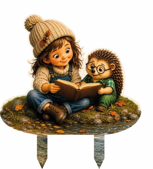 Gartenfigur aus Aluverbund mit Mädchen und Igel beim Buch lesen