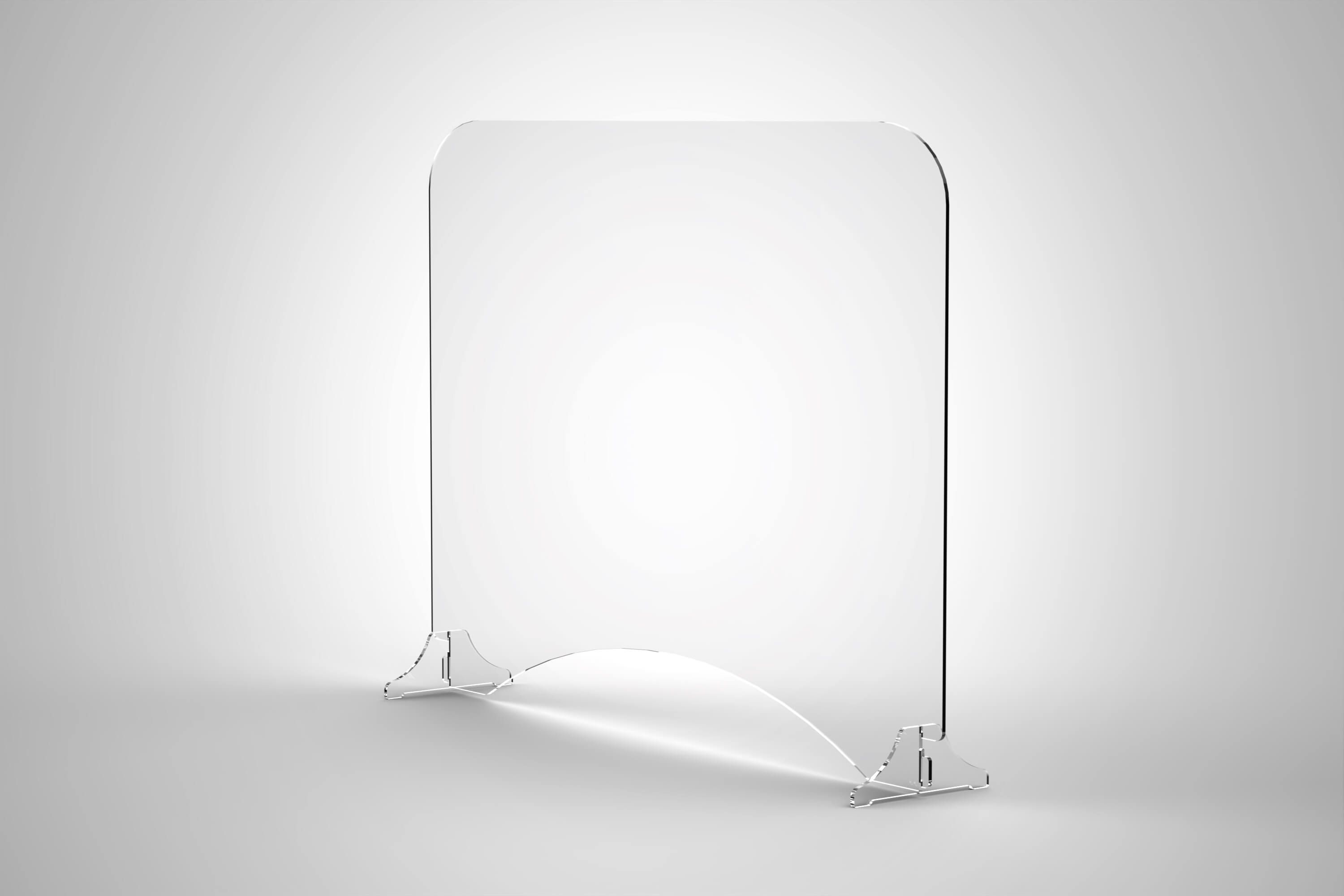 Transparenter Hygieneschutzaufsteller aus Acrylglas mit zwei Steckfüßen und 100 mm hoher Durchreiche. Breite 600 mm, Höhe 745 mm 